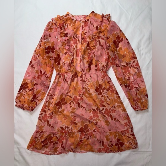 LC Lauren Conrad Size S Pink & Orange Floral Ruffle Button Front Mini Dress - Picture 2 of 10